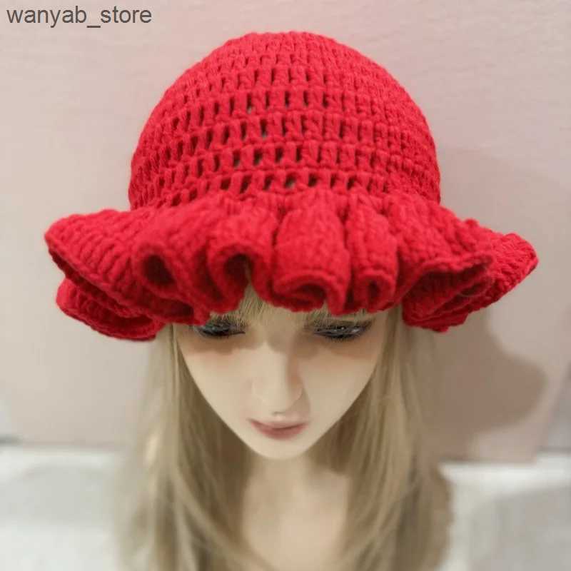Wide Brim Hats Bucket Hats Ladies 2024 solid color ruffle edge crocheted wool hat frilly basin hat autumn and winter fun warm bucket hat L240910