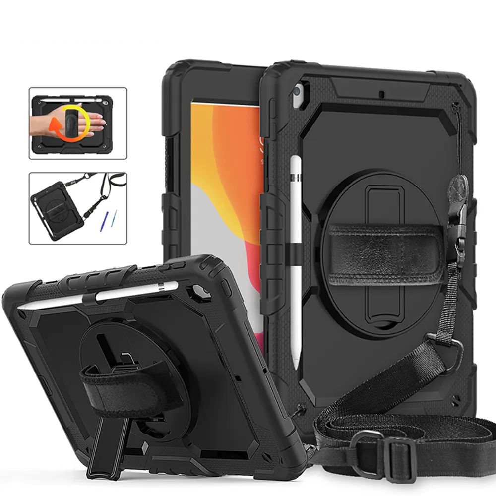 Shockproof Kids Case For iPad Pro 9.7 10.5 10.2 inch 7th/8th/9th Gen Hand Strap 360 Rotating Stand Silicone Armor Rugged Tablet Cover with PET Screen 