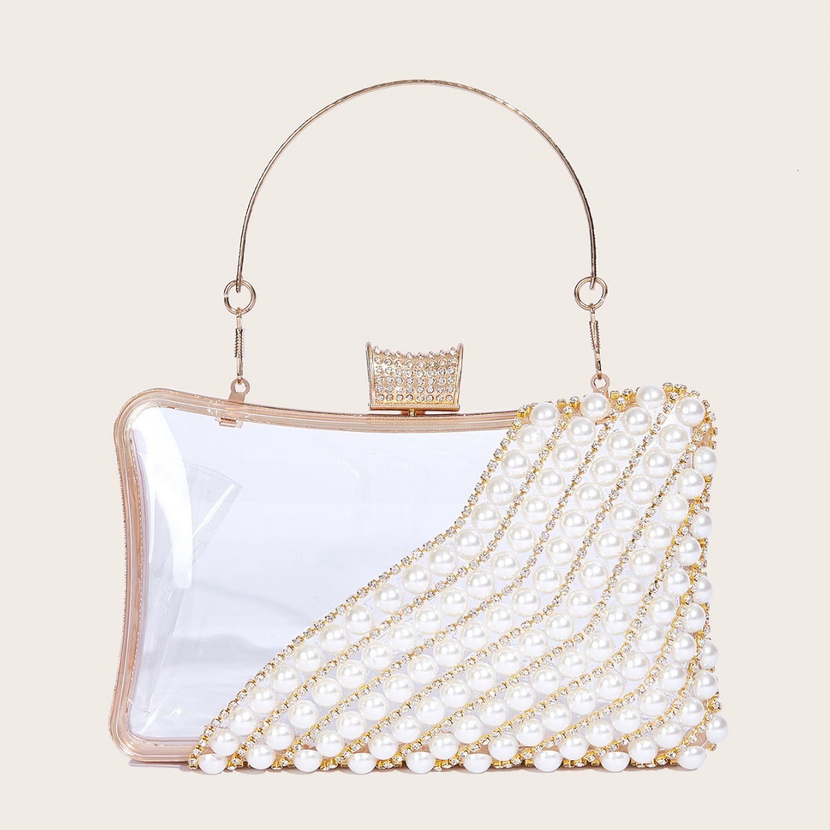 New transparent rhinestone decoration women's handheld small square bag pearl handbag new dining bag