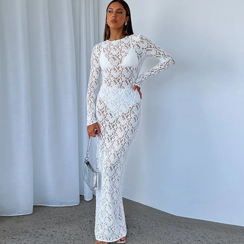 See Through Lace Maxi Bodycon Dress Women Sexy Long Sleeve Hollow Party Club Dresses Black White Streetwewar Female Outfits 241031