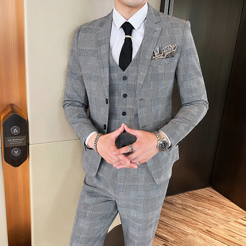 Jacket Vest Pants Spring Autumn Thick Houndstooth Plaid Formal Business Men's Groom Wedding Dress Stage Slim Suit