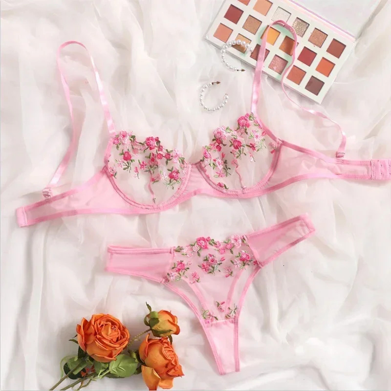 Bra Brief Set Woman 2 Pcs Lingerie Sexy Floral Embroidery Underwear Mesh Intimate Transparent Lace Short Skin Care Bralette Kits 241031