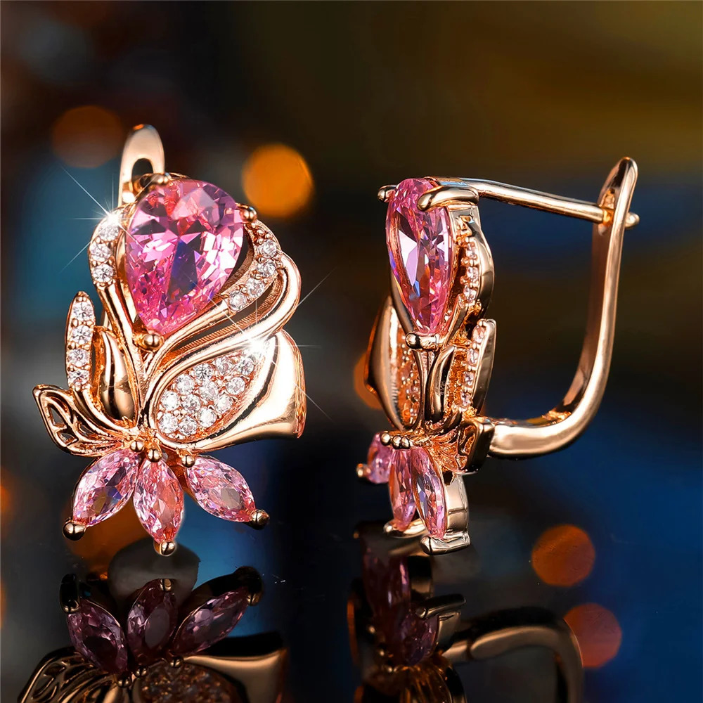 Female Pink Zircon Stone Hoop Earrings Fashion Gold Color Wedding Jewelry For Women 241031