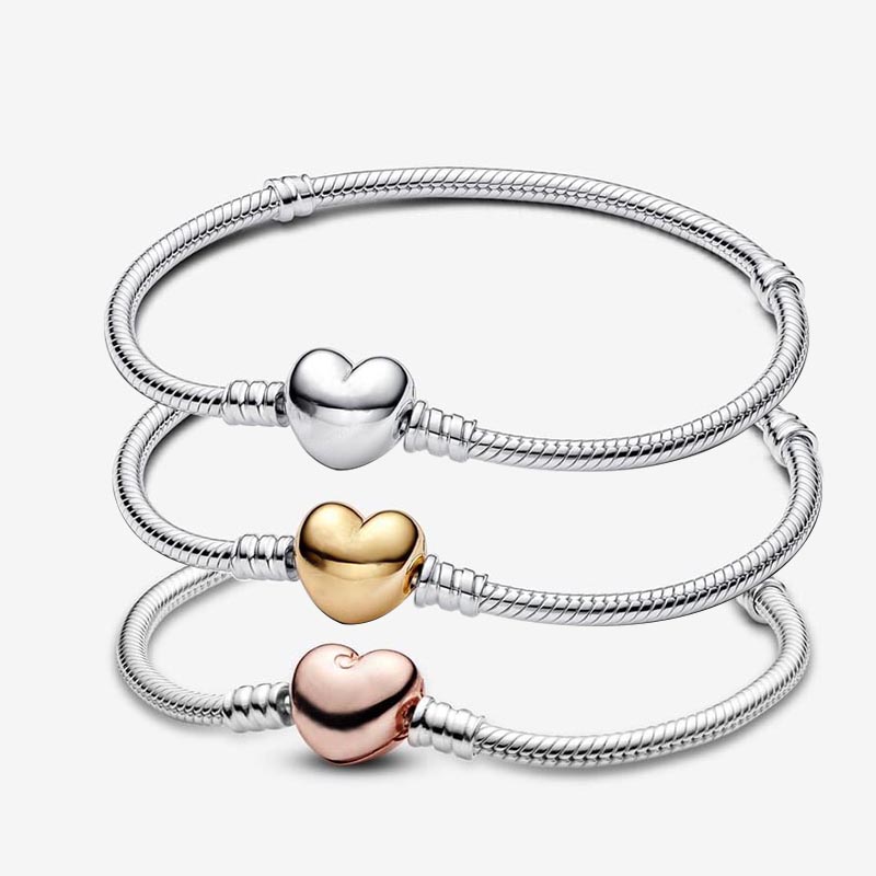 Heart Clasp Snake Chain Bracelet 925 Sterling Silver Charm Bracelets Women Girls Wedding Jewelry Gold Clips bracelet with Retail Box Factory wholesale