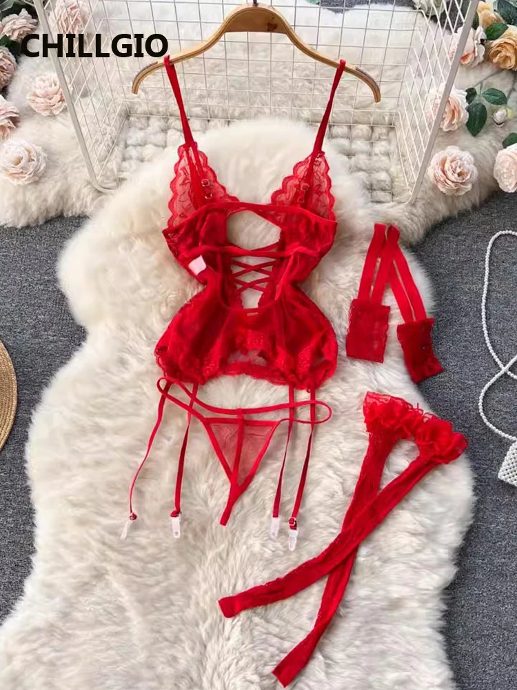 CHILLGIO Women Transparent Floral Lace Bra Brief Suit Fashion Tight Erotic Underwear 3 Piece Sexy Intimate Lingerie Stocking Set 241031