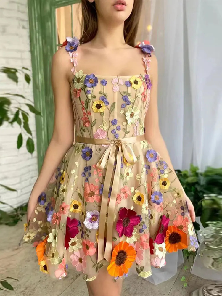 3D Flower Tulle Square Neck Mini Sling Dress Female Backless A-line Gown Short Vestidos Women Chic Evening Cocktail Party Robes 240321