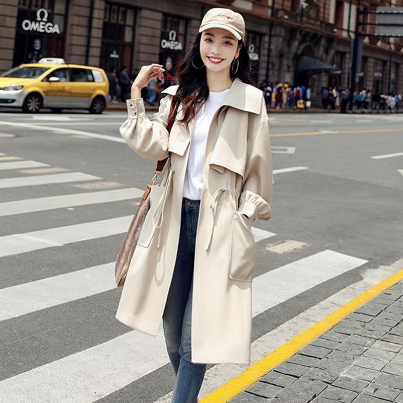 Women Korean Solid Trench Coat Batwing Sleeve Loose Casual Long Turn Down Collar Oversize Windbreaker 210515