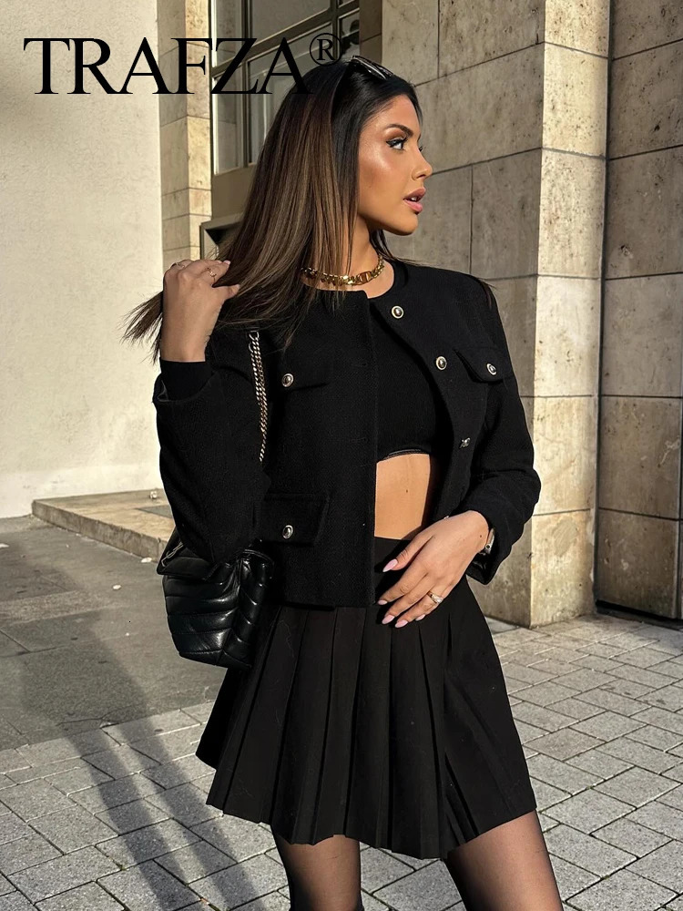 TRAF 2024 Fashion Women Bomber Cropped Jackets Female Golden Button Blazer Spring Womens Chic Streetwear Outwear Top 241024