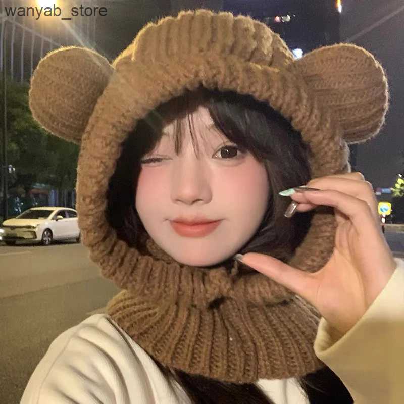 Wide Brim Hats Bucket Hats Cartoon Bear Women Hooded Beanies Winter Warm Ear Protection Scarf Cap Korean Solid Wool Knitted Hat Outdoor Windproof Head