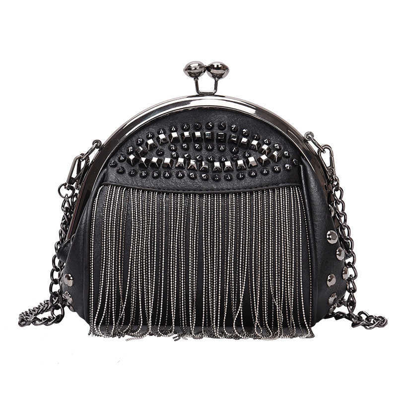 CMM New Trendy Womens Bag Diamond Studded Rivets and Tassels Fashion and Versatile Chain Single Shoulder Crossbody Hand Held Clip Shell Bag