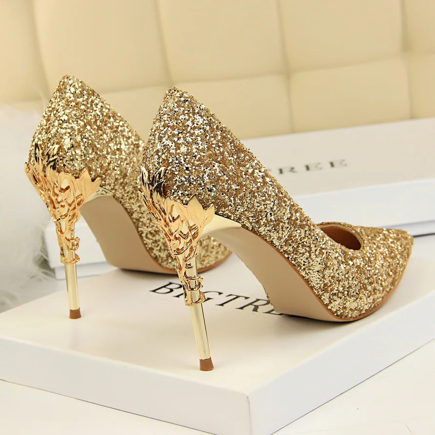 Women 10cm High Heels Fetish Pumps Lady Glitter Metal Carving Wedding Bridal Heels Bling Party Scarpins Shoes 241031