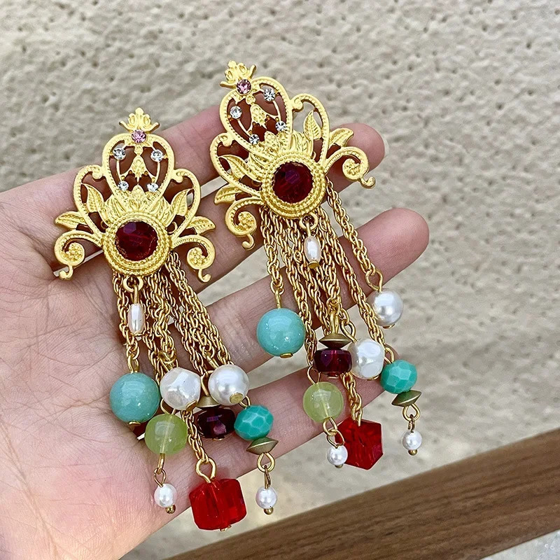 style womens earrings vintage jewelry crystal pearl pendant tassel earrings 241031