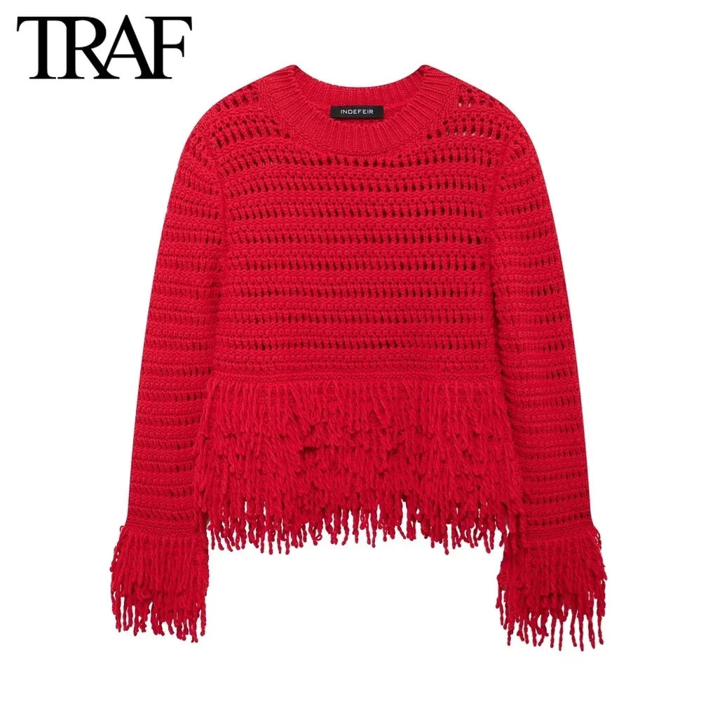 TRAF Women Fashion Autumn Winter Solid Tassel Sweater Long Sleeves Round Neck Pullover Tops Chic Female Knit Sweaters Mujer 241029
