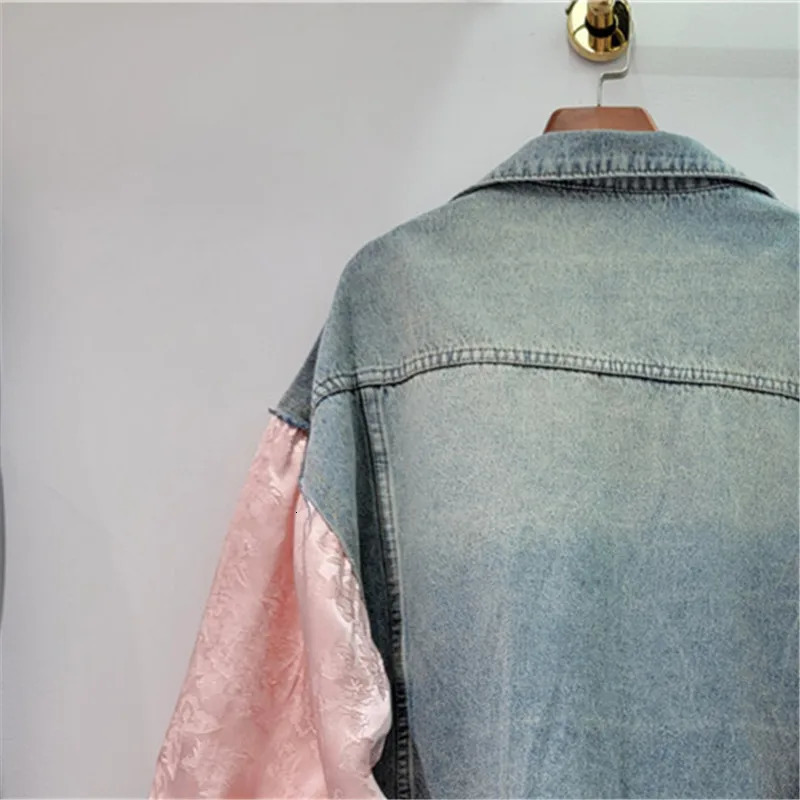 Vintage Frayed Big Pocket Embroidery Splice Denim Jacket Women Loose Short Cowboy Outerwear Long Sleeve Jeans Jacket Coat Female 241031