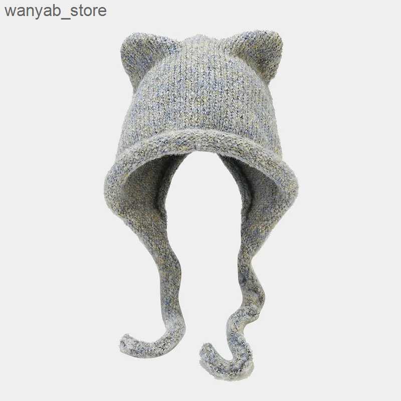 Wide Brim Hats Bucket Hats VISROVER New 6 Colors Unisex Solid Color Women Winter Hat With Long Cat Ear Warm Wool Beanies Acrylic Female Skulli Gift L2