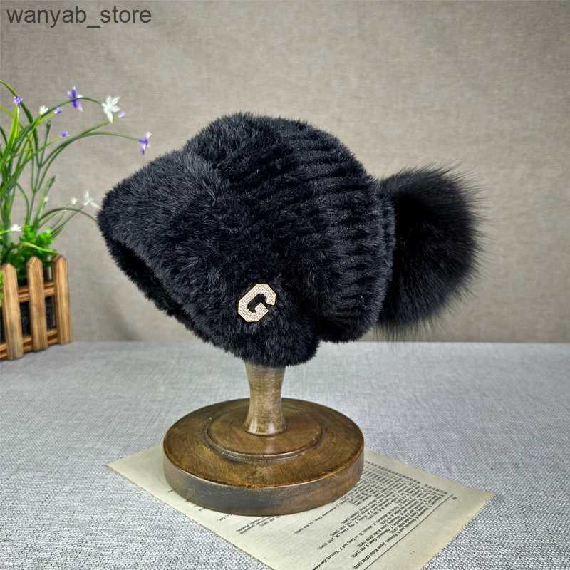 Wide Brim Hats Bucket Hats New plush and warm woolen hat for women versatile for autumn and winter fox fur ball knitted hat pile up ear protection hat