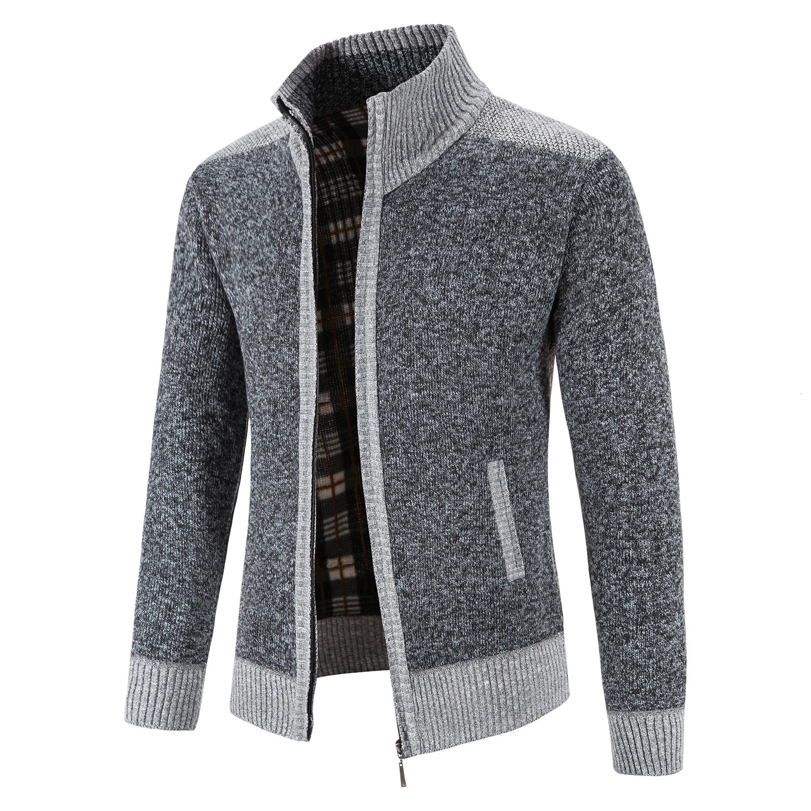 Autumn Winter Male Sweater Coat Knit Jumpers Fleece Warm Jacket Korean Mock Collar Patchworked Zip Windbreaker Mens Overcoat 241031