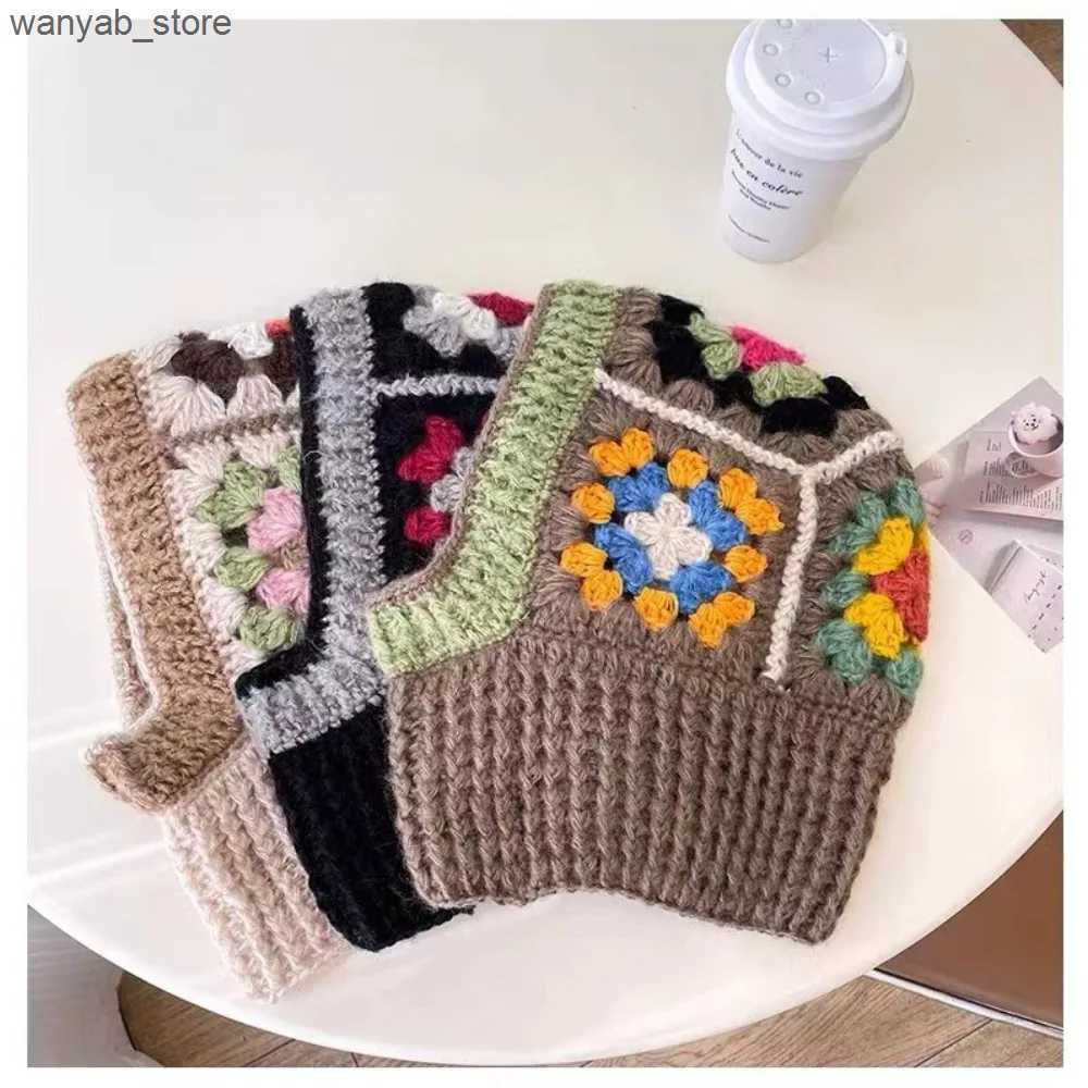 Wide Brim Hats Bucket Hats High Quality Knitting Handmade Crochet Hats Ear Protection Colorful Knitted Pullover Hat Knitted Hooded Caps L240910