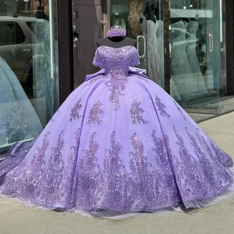 Shiny Lavender Off The Shoulder Ball Gown Quinceanera Dresses Sequined Appliques Lace Pleat Beading Tull Sweet Dress Vestidos De Anos