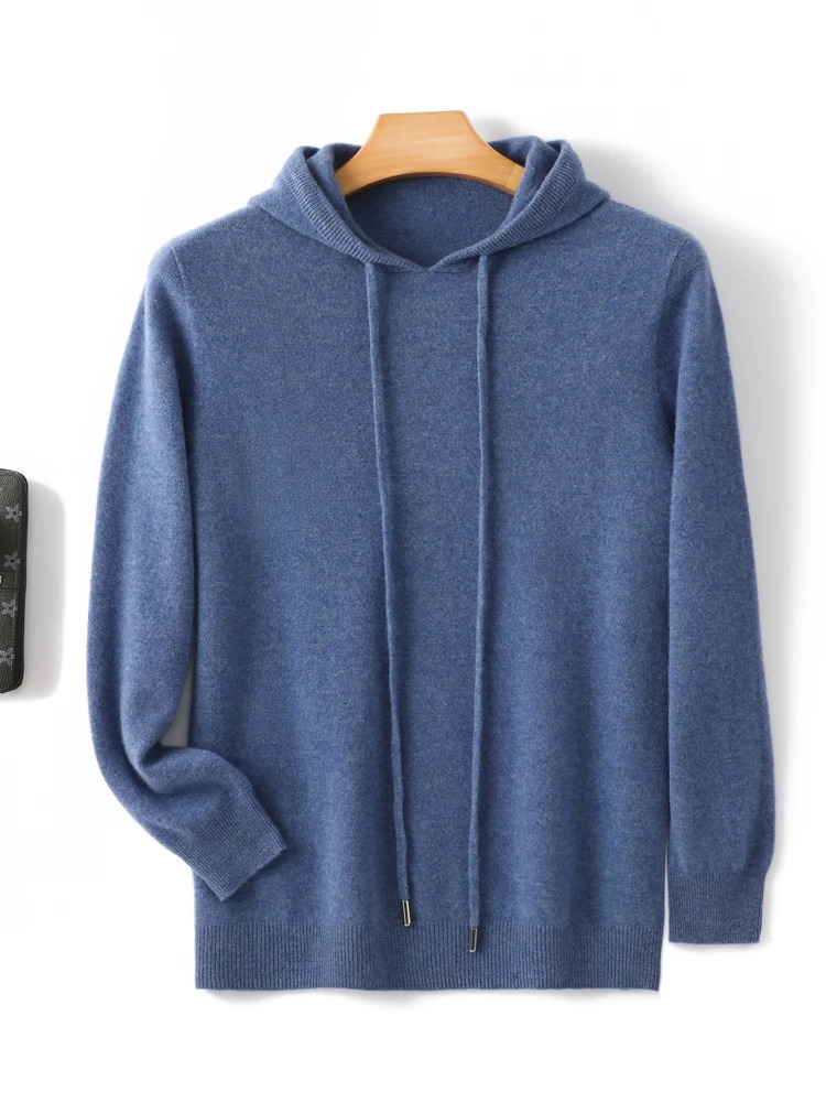 Spring Autumn Men Hooded Pullover Basic Style Cashmere Sweater 100% Merino Wool Knitted Solid Color Warm Casual Knitwear Tops 241031