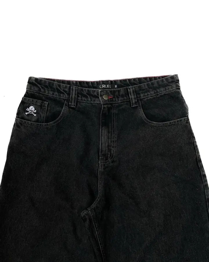 Streetwear skull pocket embroidered jeans Y2K hip-hop retro pocket jeans black pants mens punk rock low rise wide leg Trousers 241031