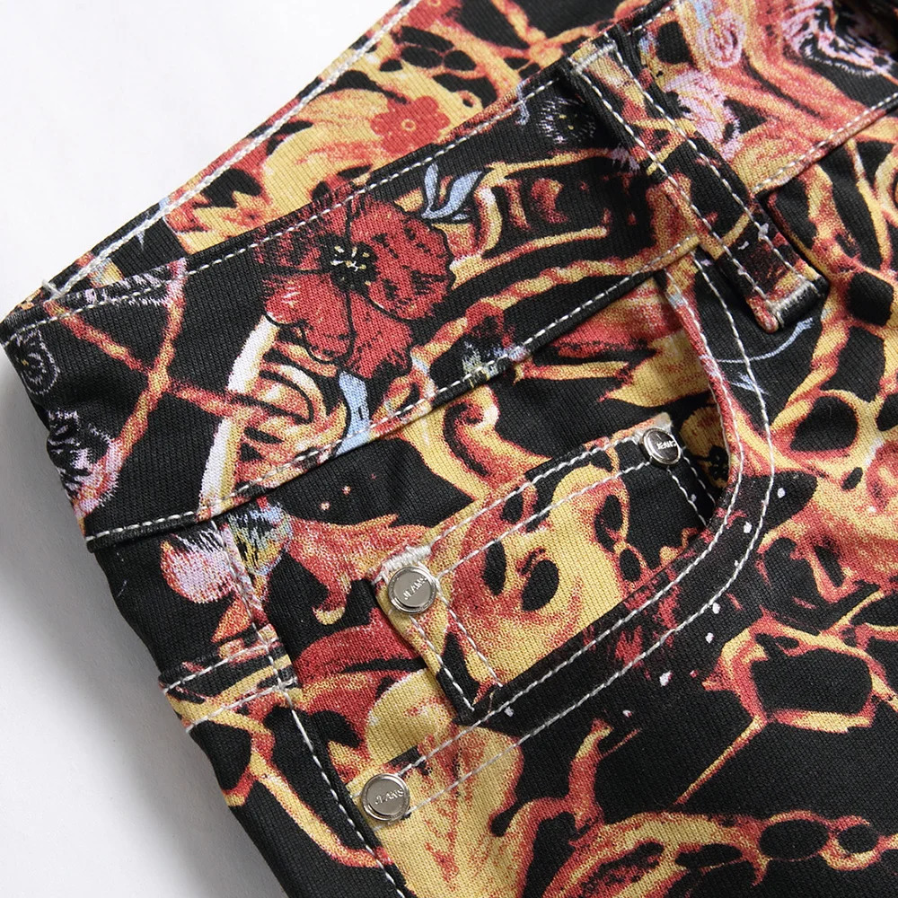 Men Flower Chain Digital Print Pants Fashion Slim Tapered Stretch Denim Jeans Streetwear Black Trousers 241024