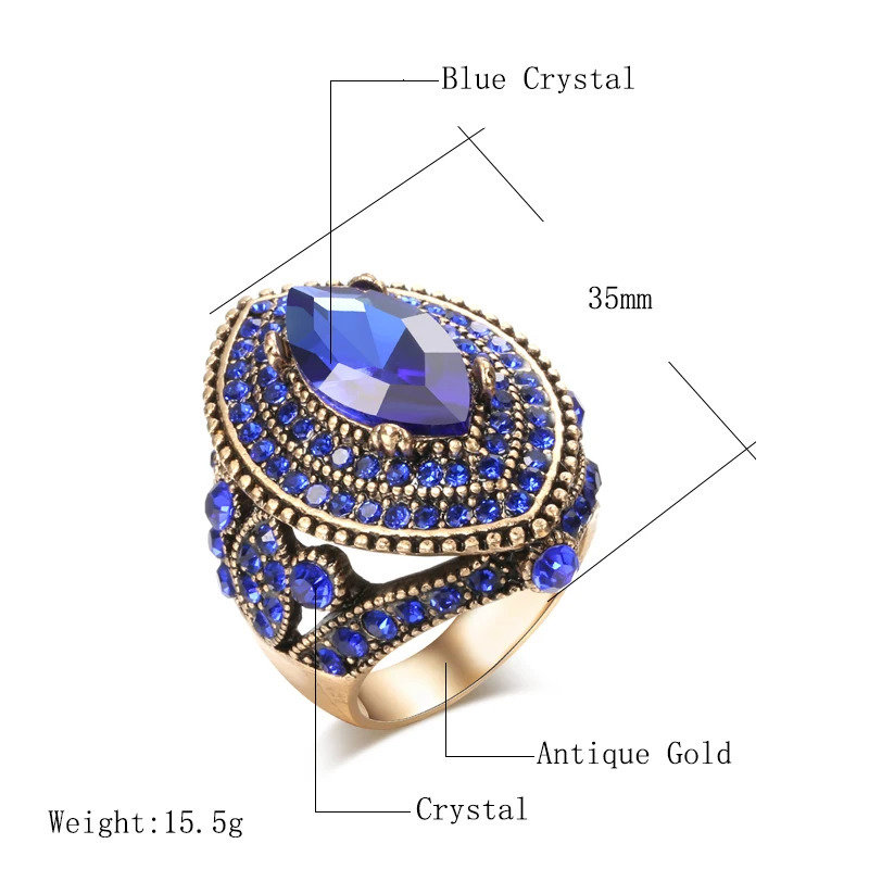 Kinel Antique Ring For Women Vintage Look Green Crystal Boho Jewelry Gold Color Charm Ethnic Wedding 241031
