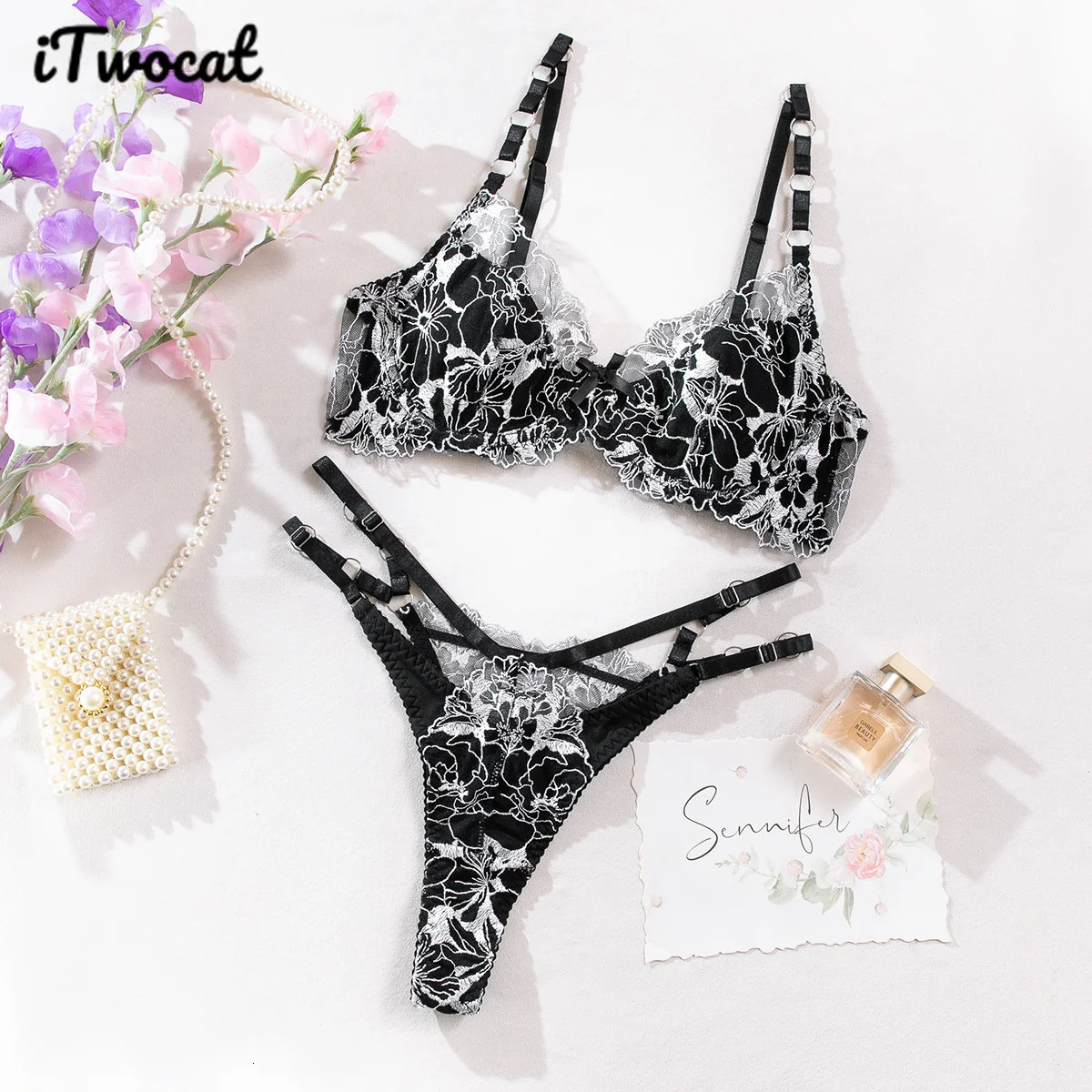 iTwocat 2025 Fashion Sexy Underwear Lingerie Sets For Womens Lace Embroidery Bra Set Black Floral 2pcs Adult Erotic Costume 241031