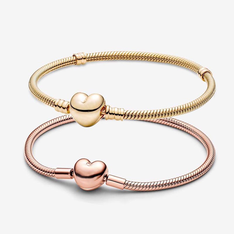 Gold Heart Clasp Snake Chain Bracelet 925 Sterling Silver Moments Charm Bracelets Women Girls Wedding Jewelry bracelet with Retail Box Factory wholesale
