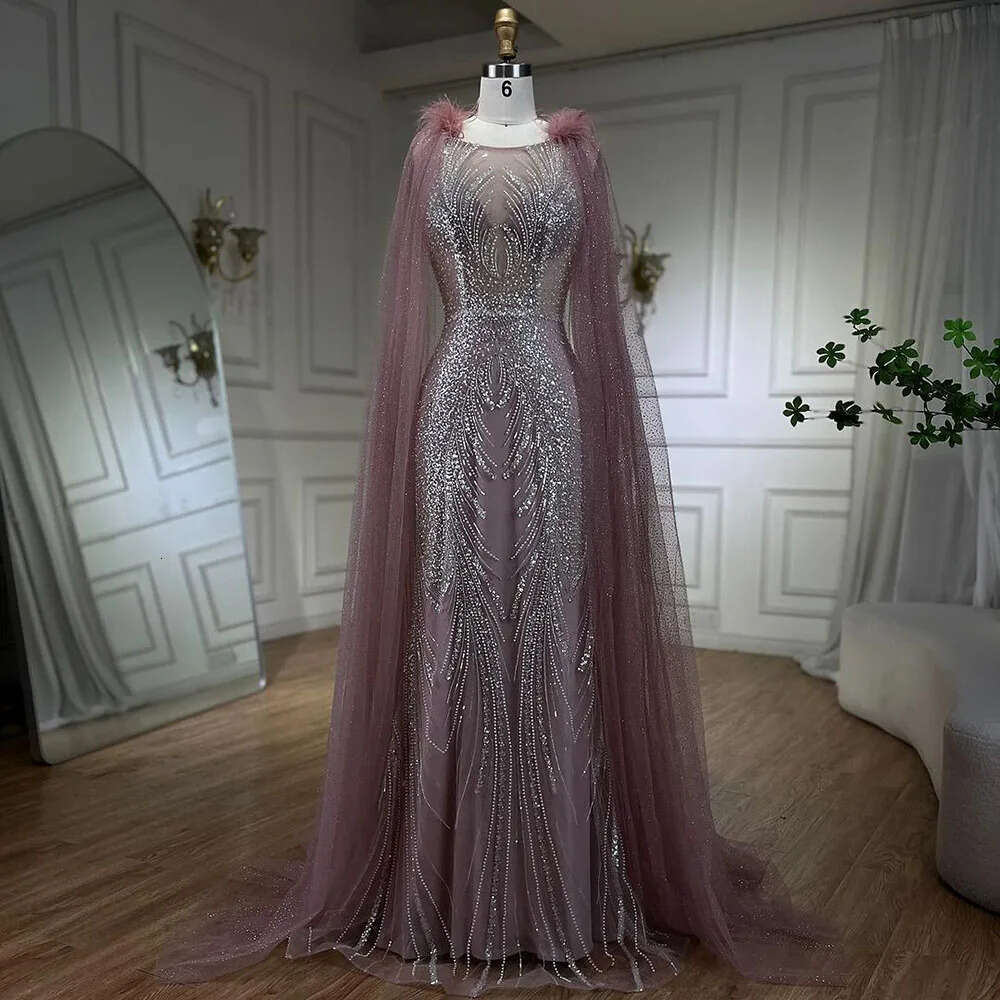 Hill Arabic Serene Pink Mermaid Evening Dress with Elegant Feathers Beaded Cape Sleeves for Women s Party BLA A