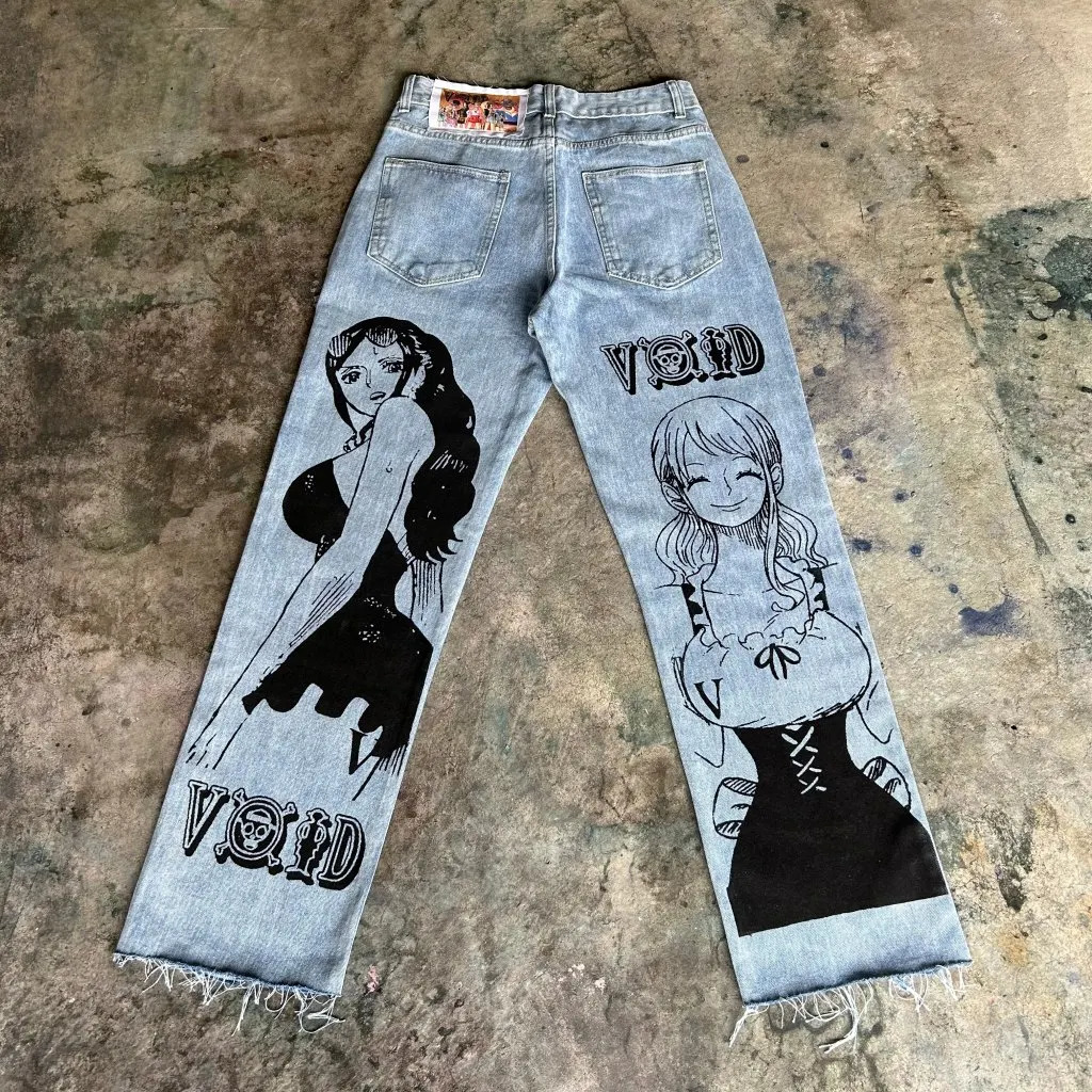 Harajuku Japanese anime printed luggage jeans wide leg Trouser streetwear Y2k mens high waisted pants