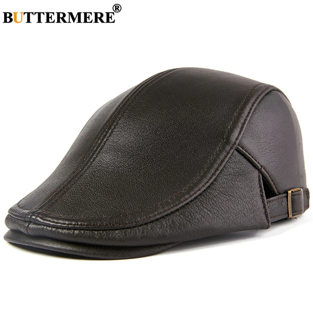 BUTTERMERE Men Beret Hat Real Leather Flat Cap Sheepskin Autumn Winter Male Brown Adjustable High Quality Mens Caps 241031