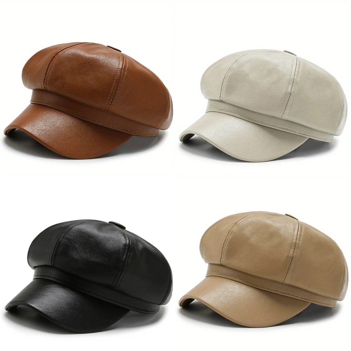 Solid Color PU Leather Octagonal Cap Female Fashion sboy Retro Duck Tongue Beret Hat Winter Autumn Painter 241031