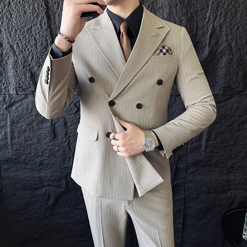 ( Blazer+Vest+Pants ) Groom Wedding Male Brand Fashion Striped Men's Casual Business Office Double Breasted Suit