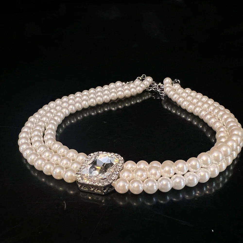 Medieval jewelry set with three layers of diamonds Swaro pearls European and American cross-border collage chain high-end bracelet 241031