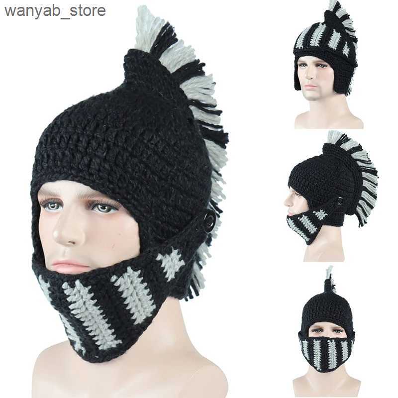 Wide Brim Hats Bucket Hats Men Women Funny Chunky Knitted Roman Knight Helmet Hat Contrast Color Tassel Barbarian Crochet Earflap Beanie Skull Cap wit