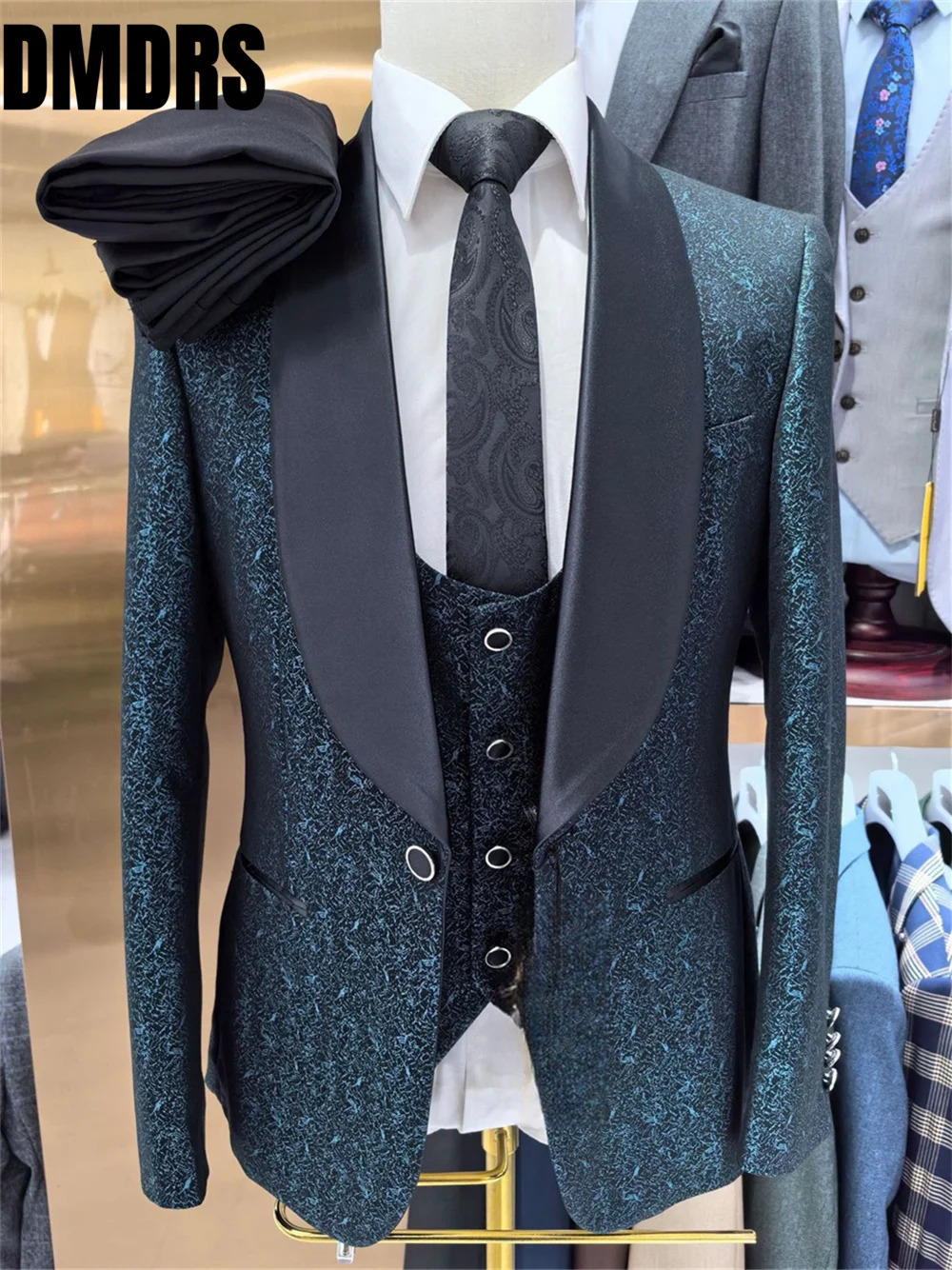 Stylish Jacquard Mens Suit set For Formal Office Classic Single Breasted Handsome Wedding Host Blazers Pant Vest 241024