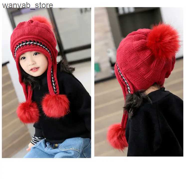 Wide Brim Hats Bucket Hats 3-10years kids princess hat Cute little girls knitted hat warm ear protection hat knitted scarf L240910