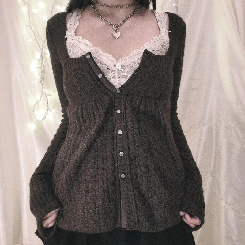 00s Aesthetic Kawaii Knitwear Tshirt Women Clothes Coquette Grunge Y2K Vintage Sweater Single Breasted Long Sleeve Cardigan 241031