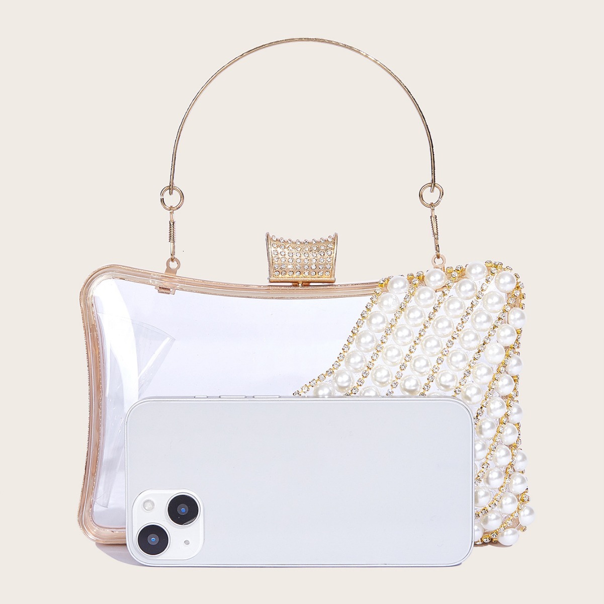 New transparent rhinestone decoration women's handheld small square bag pearl handbag new dining bag