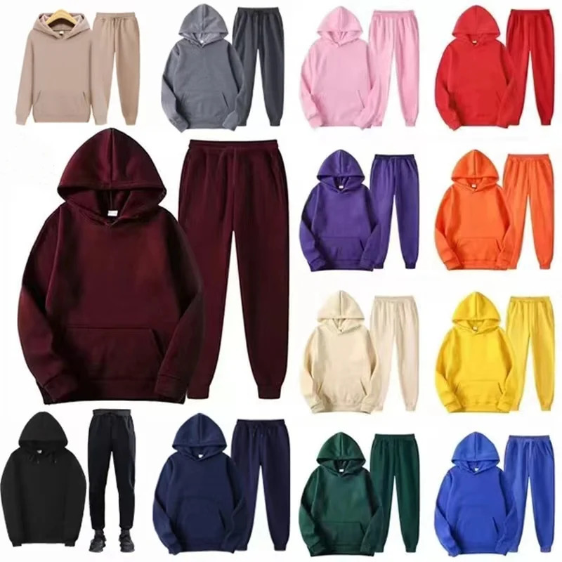 Men Women Tracksuit Hoodies Casual Solid Color Thick Pullover and Long Pant 2piece Set Autumn Fleece Jogger Sports Suit 241031