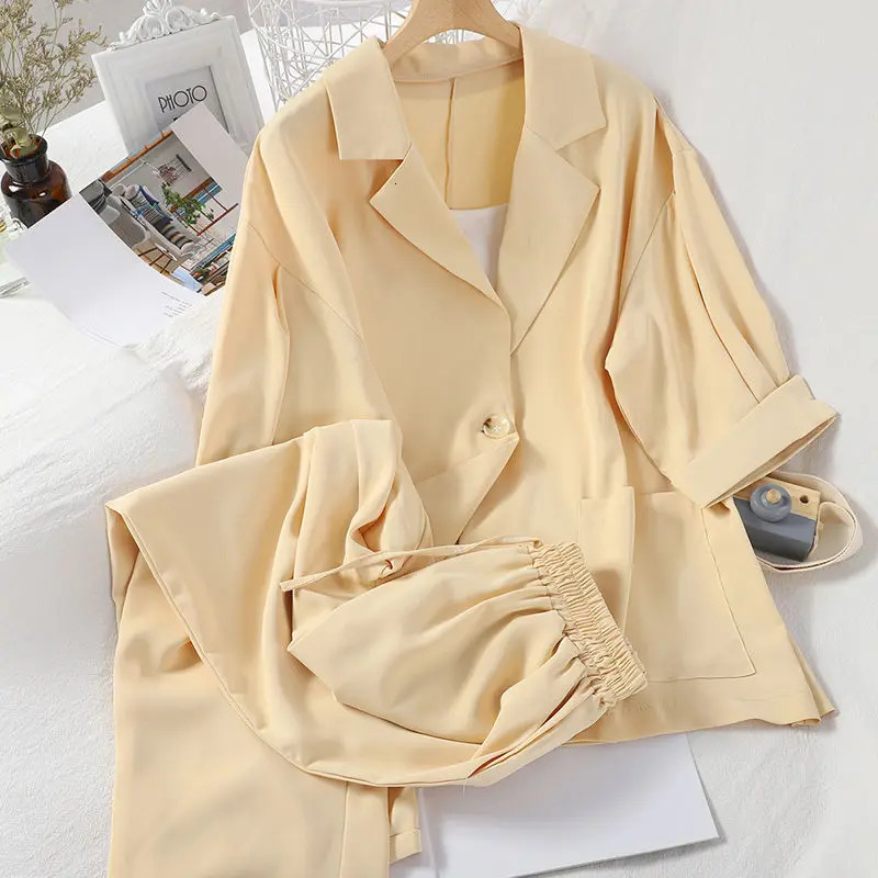 Sexy White Strap Casual Jacket Blazer Lace Up Wide Leg Pants Three Piece Elegant Womens Set Summer Outfits 240329
