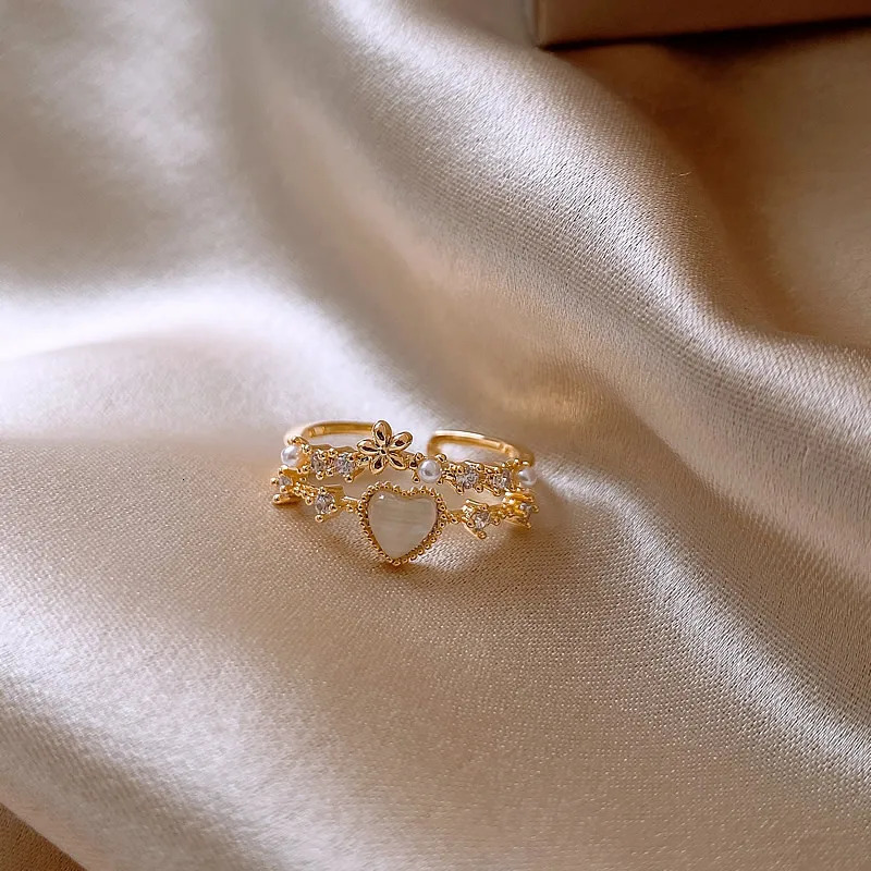 Koreas fashion jewelry 14K gold plated simple double love crystal ring elegant womens daily opening accessories 241031