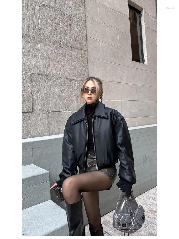 Women's Jackets Pu Leather Puffer Cotton Padded Warm Black Slim Crop Top Short Jacket Autumn Winter Thickened Cropped Motorcycle Coat Y2k