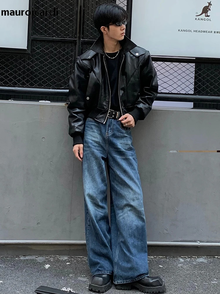 Mauroicardi Spring Autumn Cool Waterproof Black Pu Leather Jacket Mens Shoulder Pads Long Sleeve Zipper Clothing 241031