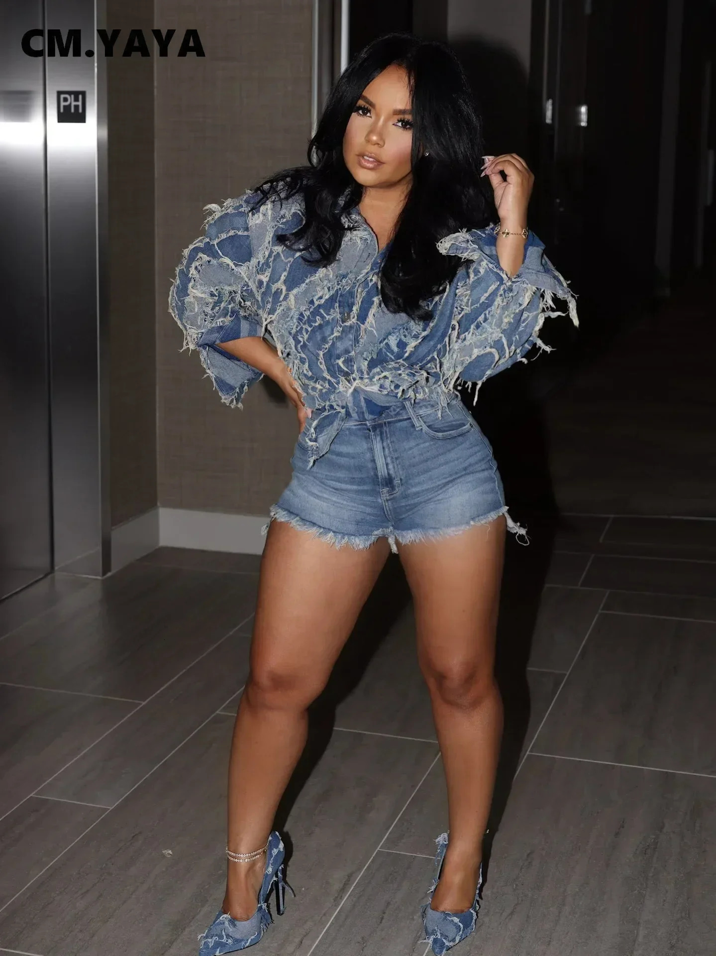 CM.YAYA Women Colorblocked Washed Tassel Long Sleeve Single Breasted Loose Denim Jacket Coat Streetwear Jean Outweat 241031