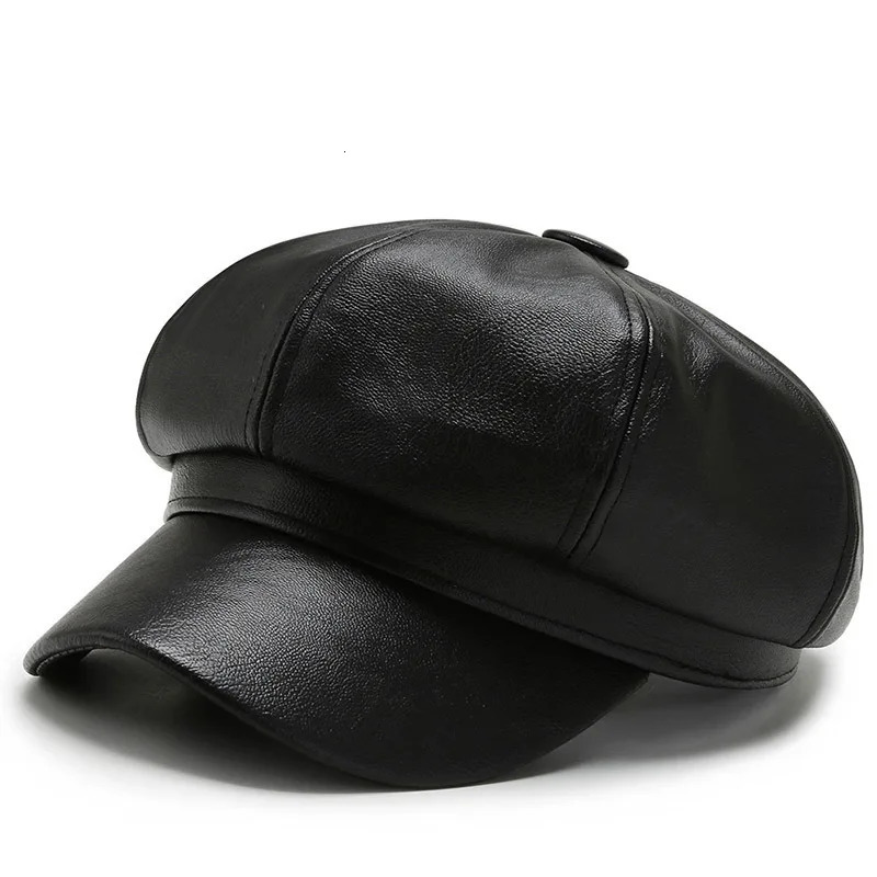 Solid Color PU Leather Octagonal Cap Female Fashion sboy Retro Duck Tongue Beret Hat Winter Autumn Painter 241031