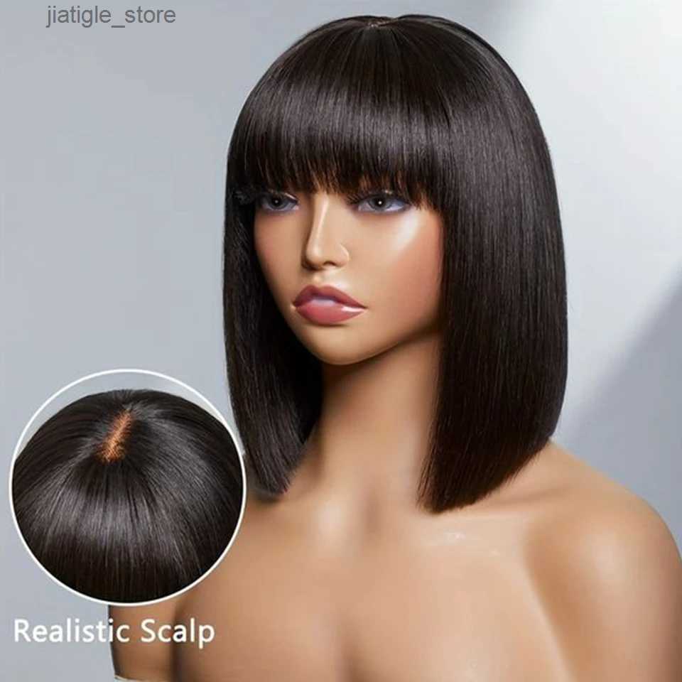 Synthetic Wigs Glueless Wig Human Hair Ready To Wear % Human Hair Wigs Short Bob Wig With Bangs Full Machine Made Straight Human Hair Wigs Y240401