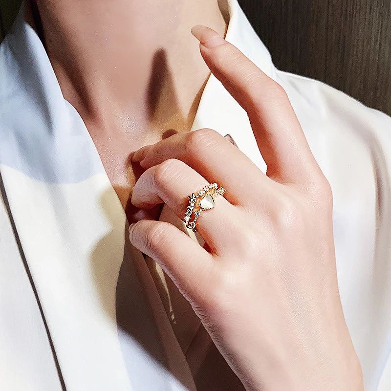 Koreas fashion jewelry 14K gold plated simple double love crystal ring elegant womens daily opening accessories 241031