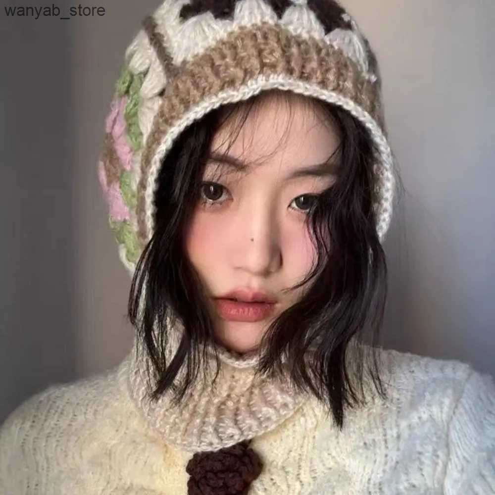 Wide Brim Hats Bucket Hats High Quality Knitting Handmade Crochet Hats Ear Protection Colorful Knitted Pullover Hat Knitted Hooded Caps L240910